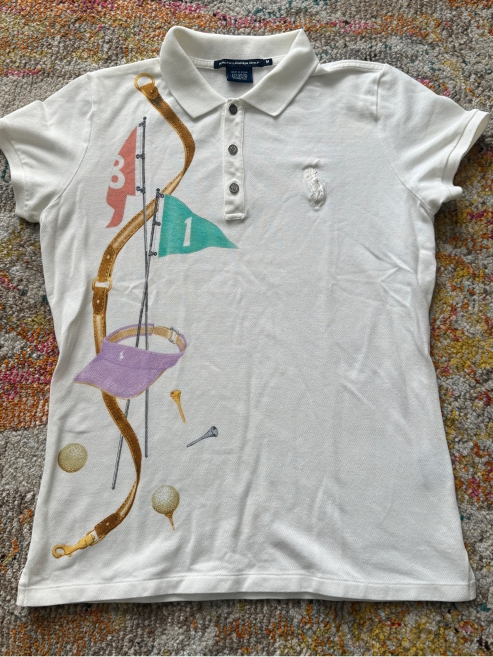 RARE Ralph Lauren Golf Graphic Polo Shirt White Crest Design Size M